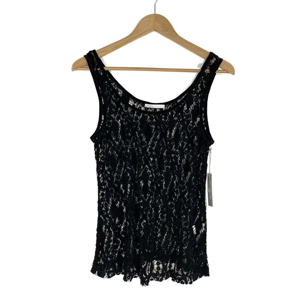 Tart Collections Women’s Size Small Black Cupro Lace Velvet Trim Sheer Tank Top - Picture 1 of 8
